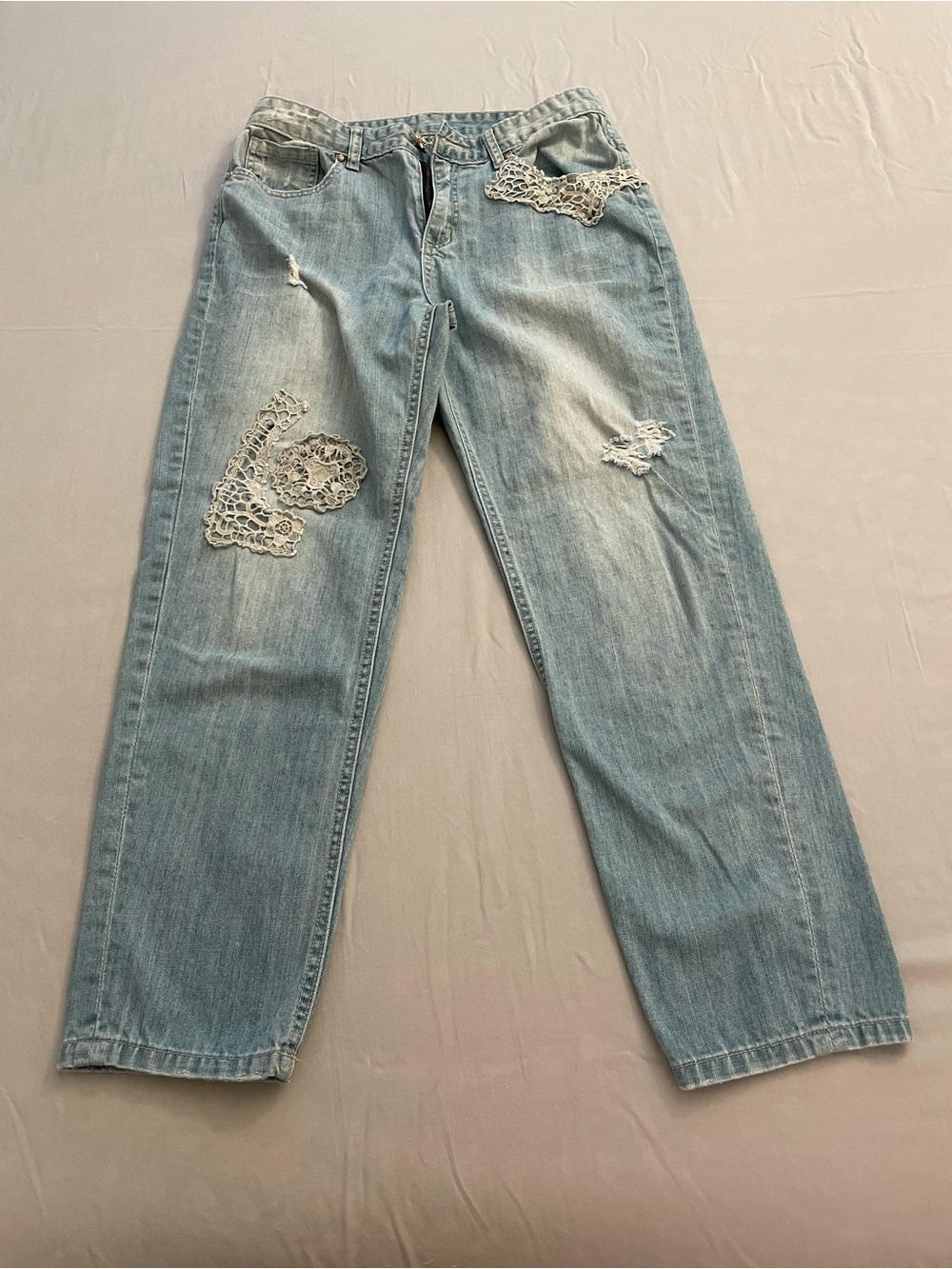 Light Blue Boyfriend Jeans with Crochet Patch Detail